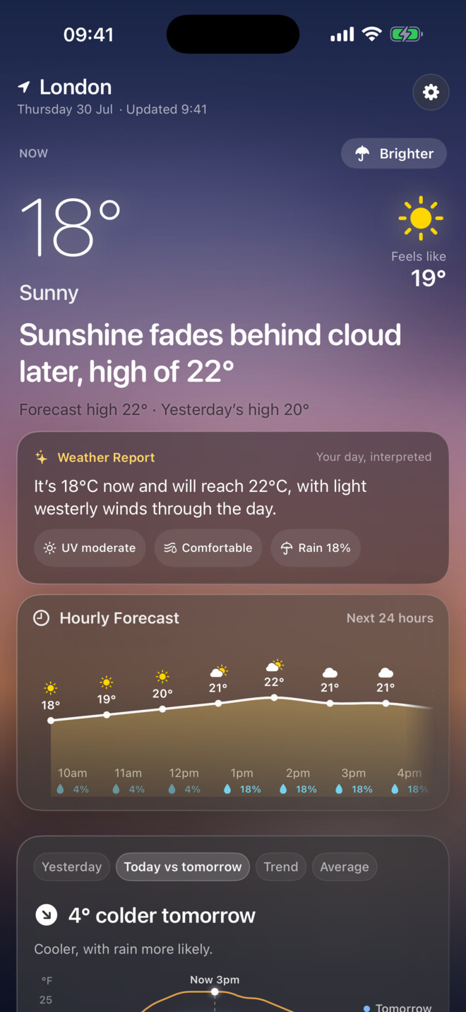 Weather Report app showing the London forecast